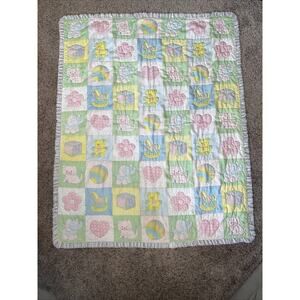 Handmade Quilted Unisex Baby Blanket‎ 54x 44 Pastel Squares Flowers Baby Animals